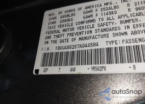 2007 Acura Tl 3.2 из США, поврежденный, VIN 19UUA66267A044584